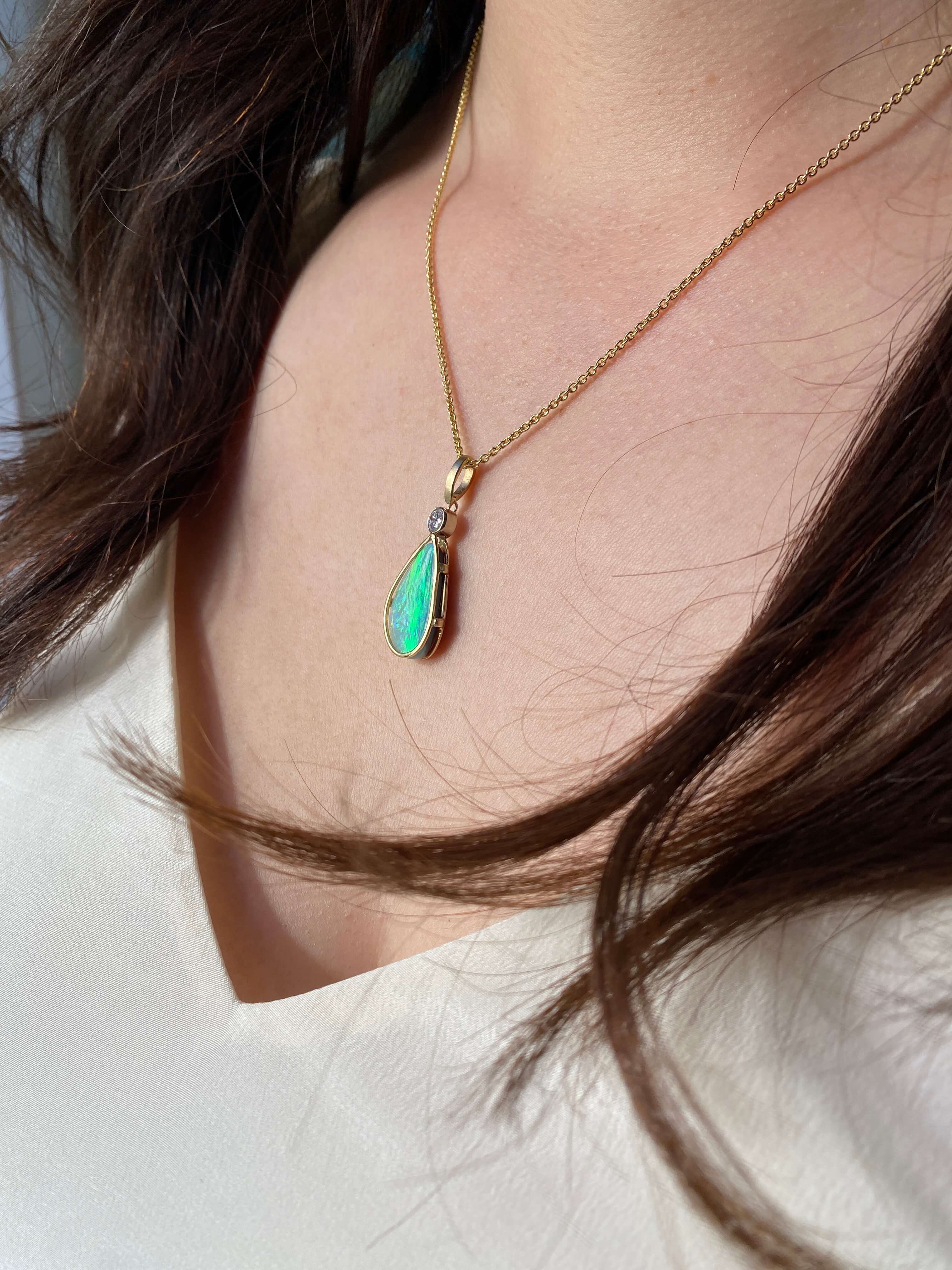Stunning Vintage Opal & Diamond Pendant in 14k yellow gold