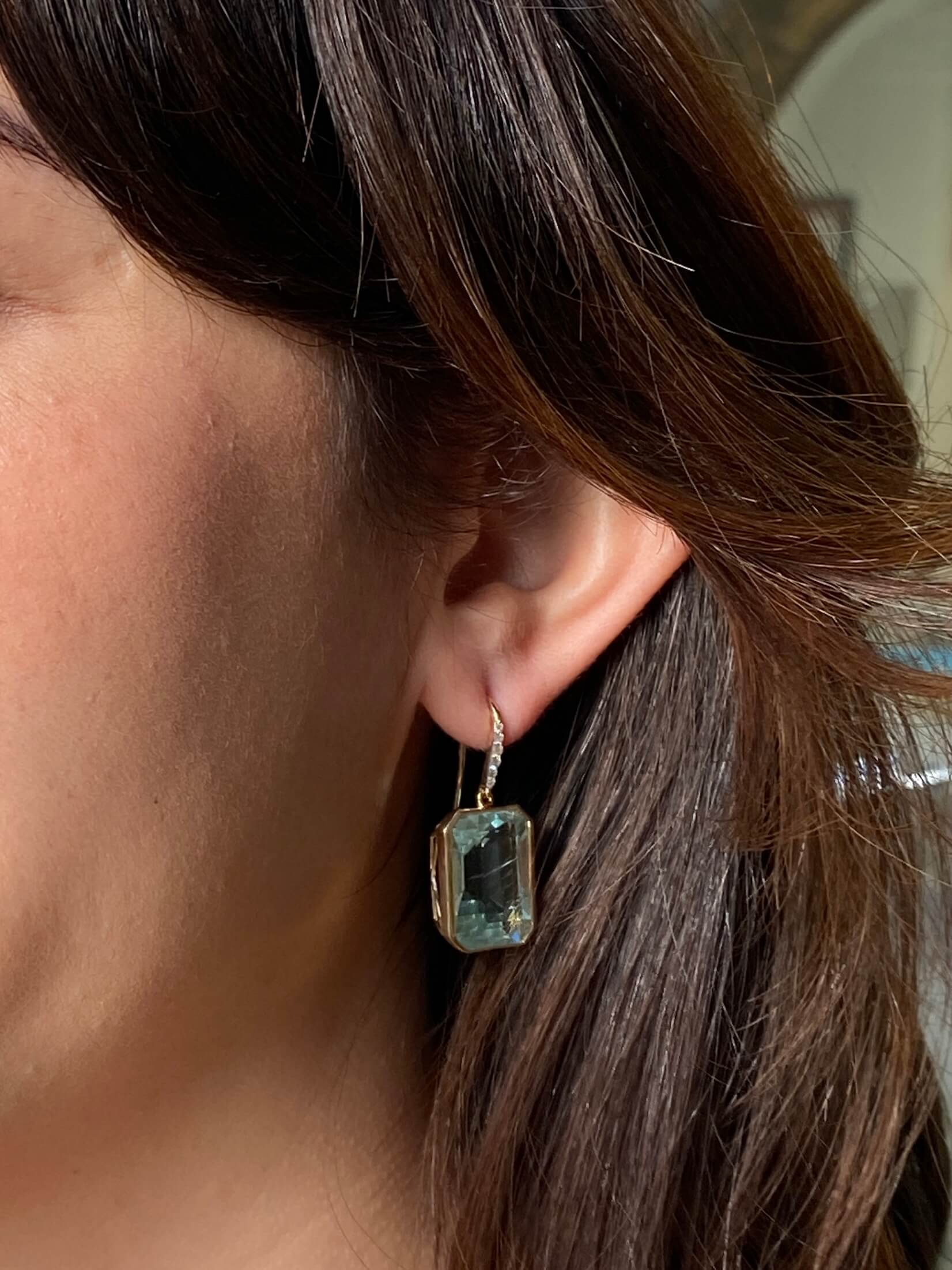 Modern Aquamarine & Diamond Earrings 14ct yellow gold. Aquamarines 27.92 carat total weight