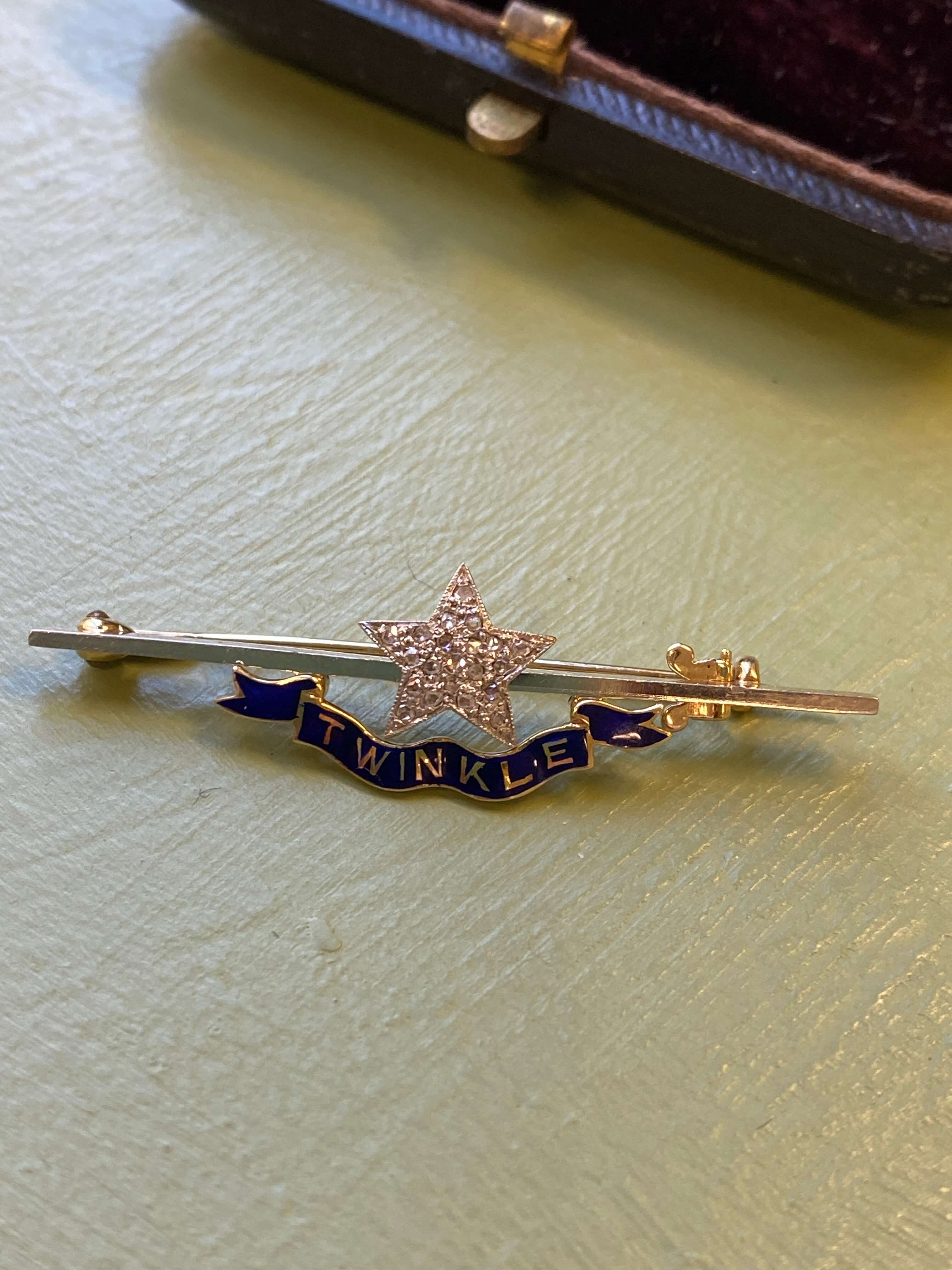 Antique 18ct yellow gold , enamel and diamond Twinkle 'Little Star' Brooch by The Sheffield Goldsmiths Company