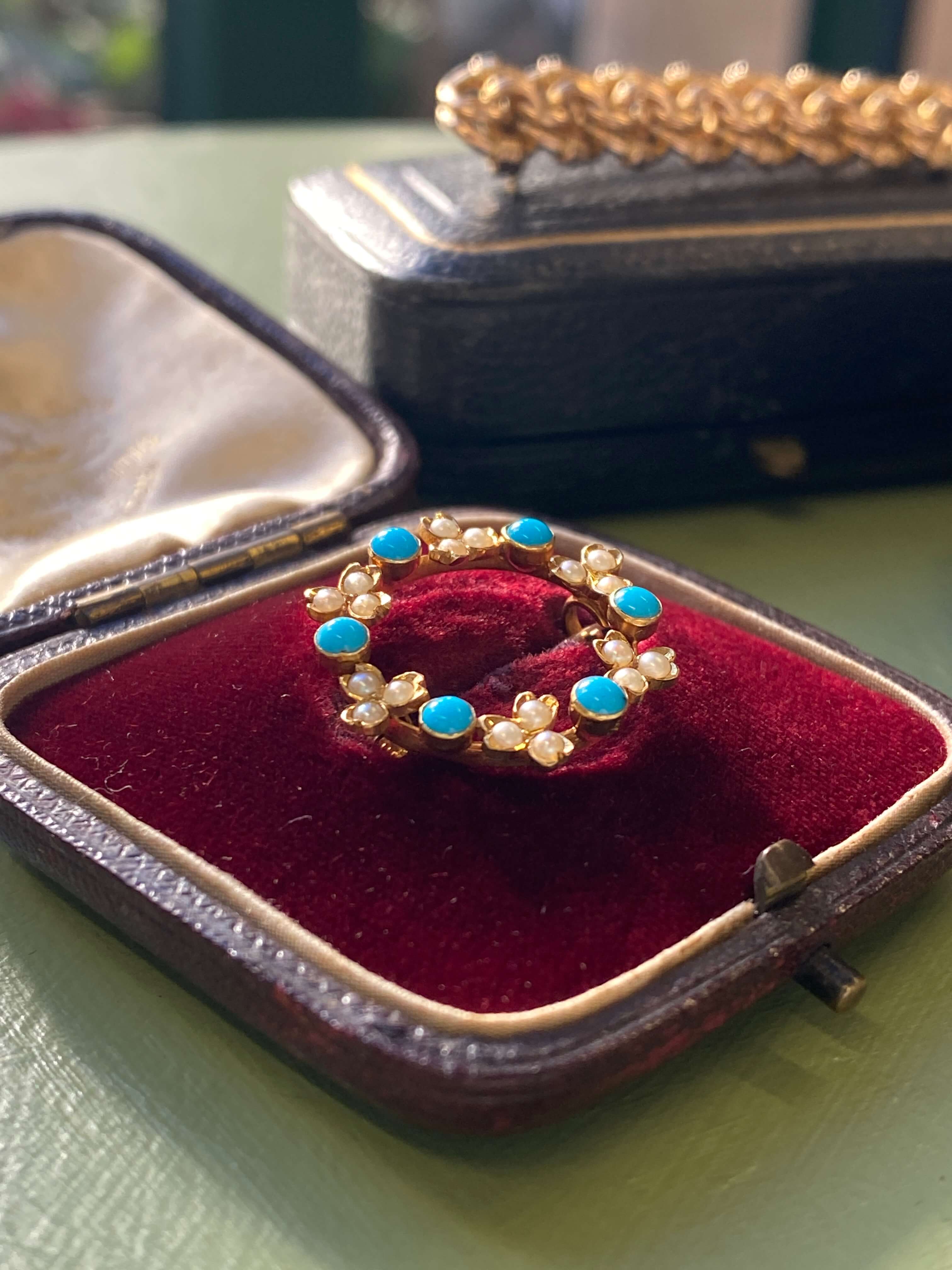 Antique Turquoise & Pearl Circlet Brooch, 1900 18ct yellow gold