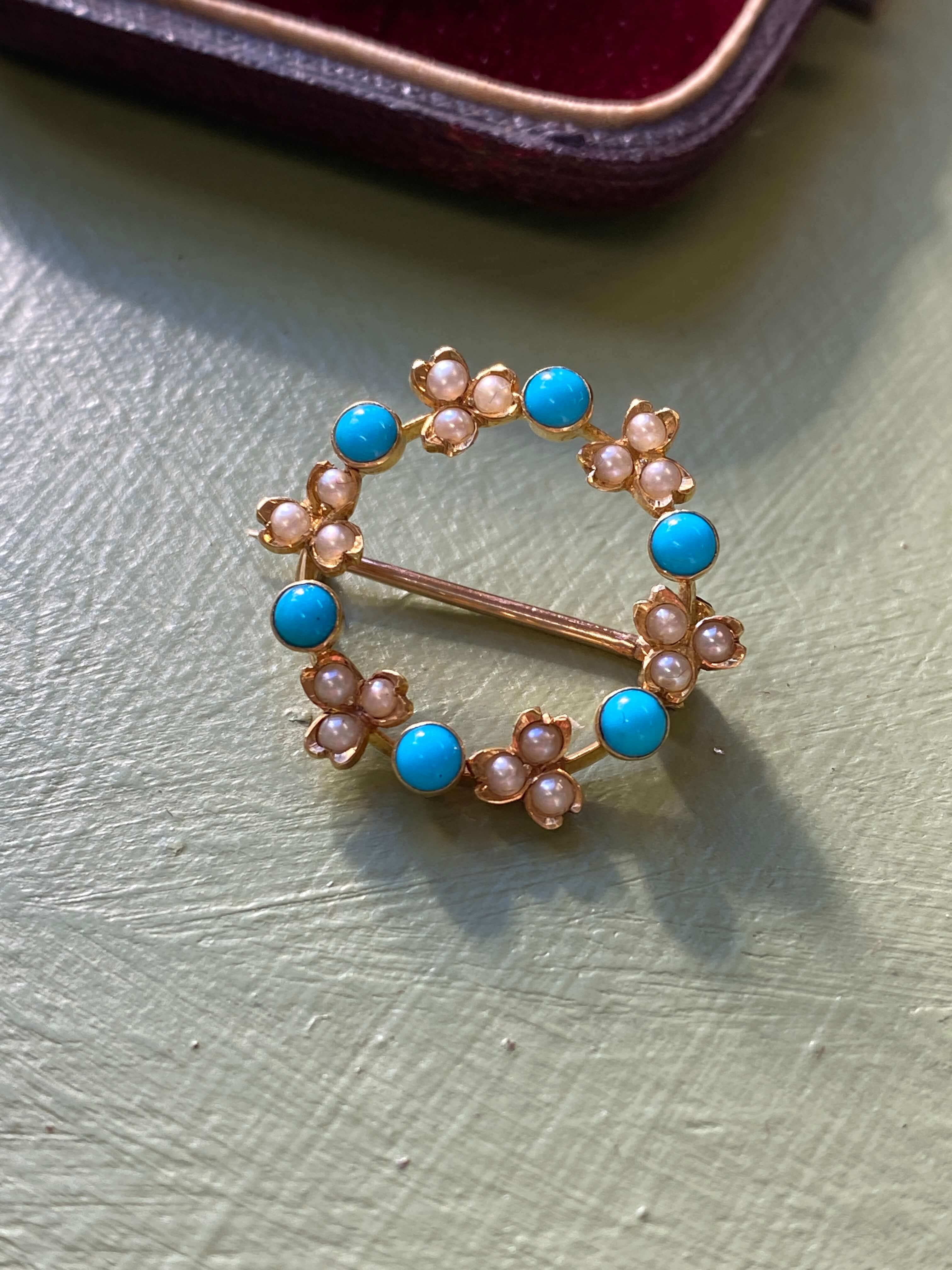 Antique Turquoise & Pearl Circlet Brooch, 1900 18ct yellow gold