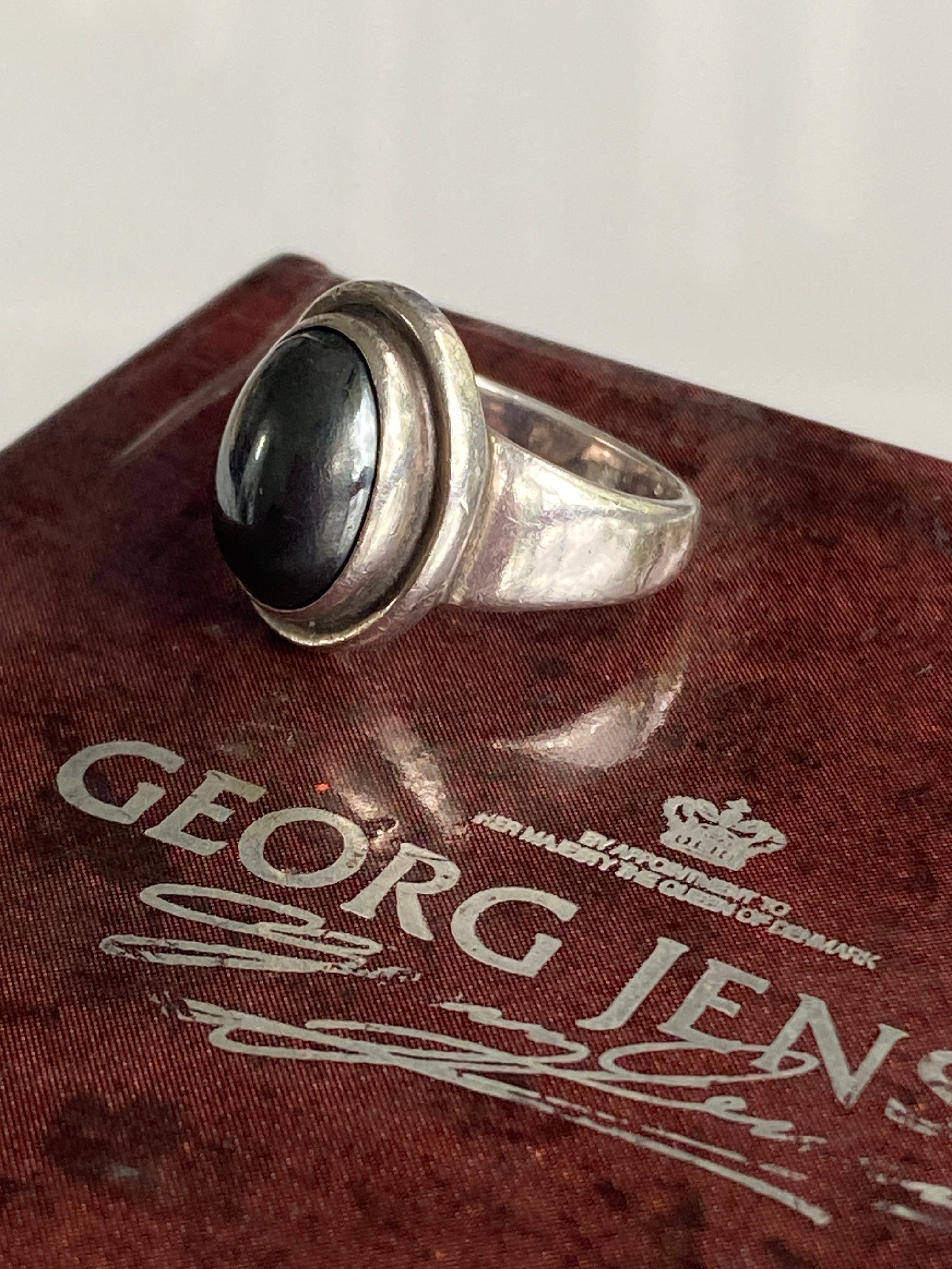 Vintage Silver and Hematite Ring, Georg Jensen, Designer Harald Nielsen, Pattern # 46B. 1980's.