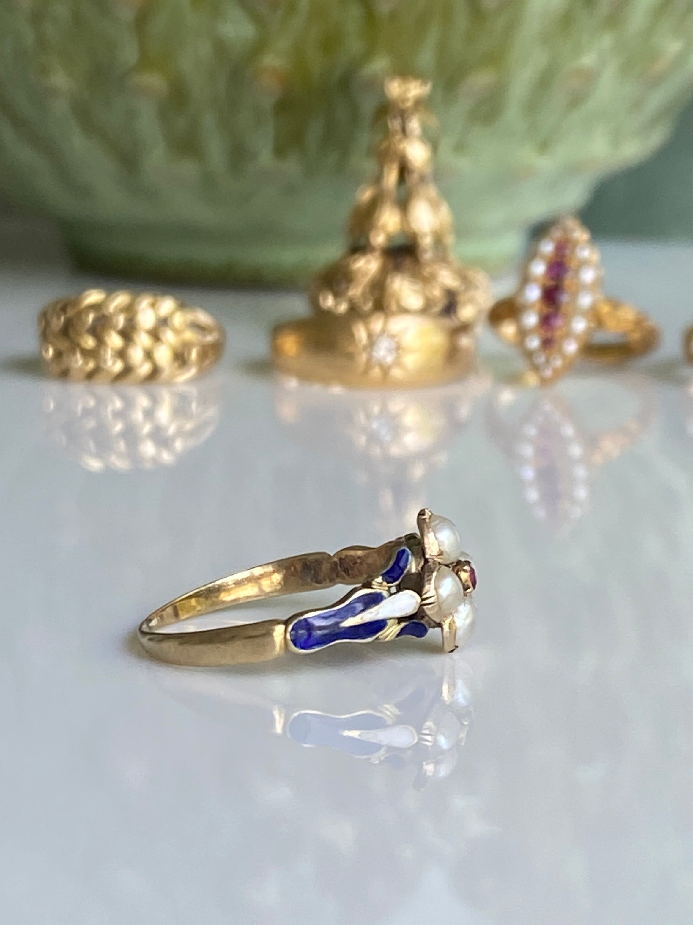 18ct Antique Victorian Enamel & Seed Pearl Cluster Ring