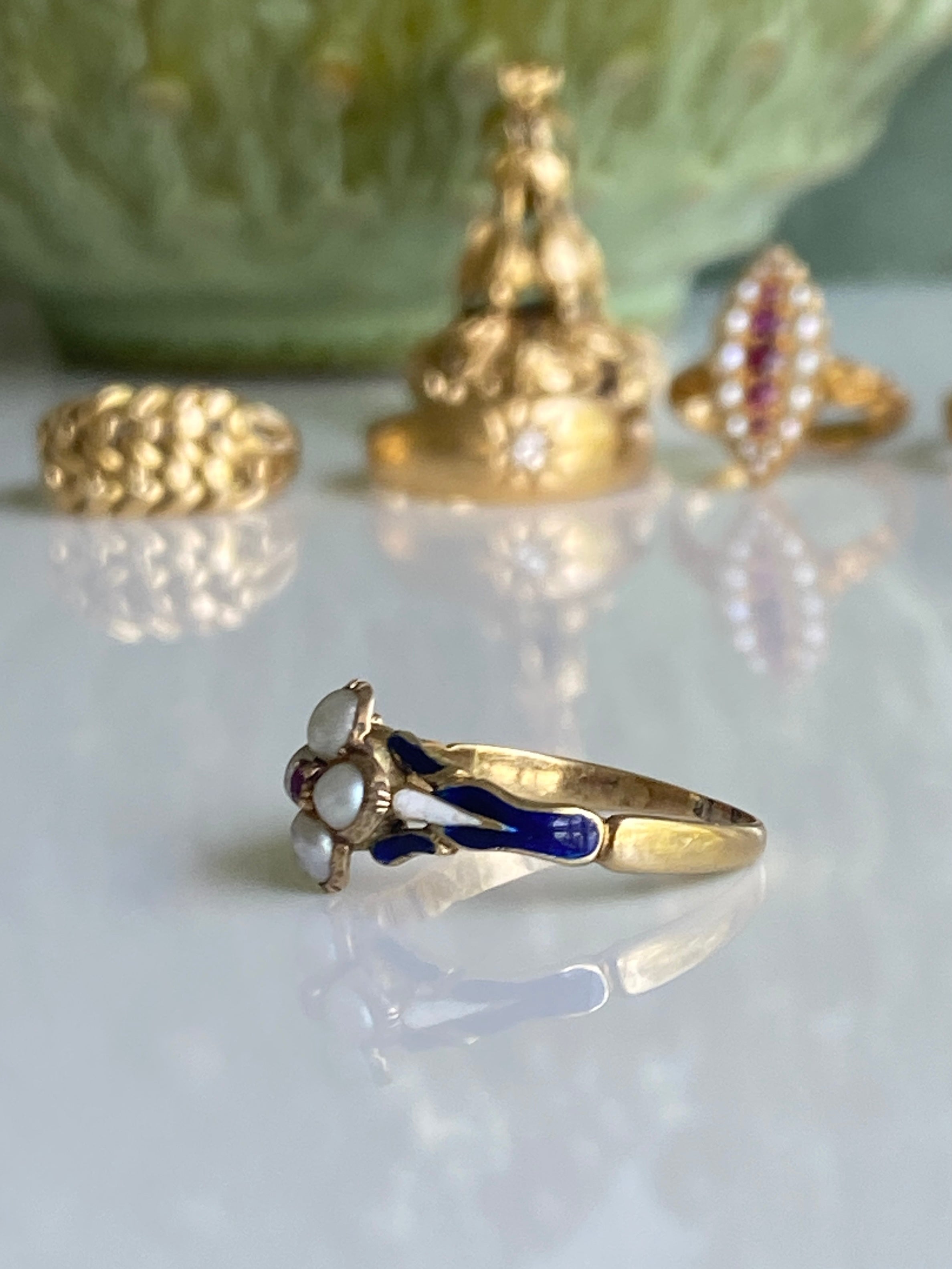 18ct Antique Victorian Enamel & Seed Pearl Cluster Ring