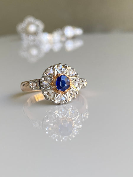 Antique European Sapphire & Diamond Cluster Ring