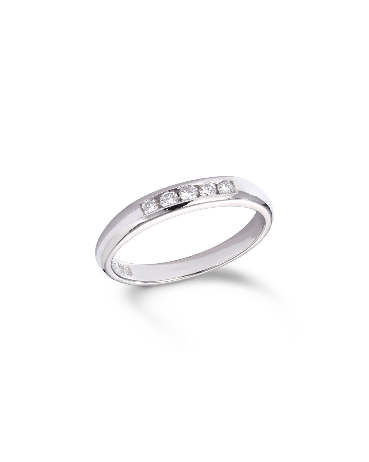 A slim silver band ring featuring a row of diamonds set along the top curve, photographed on a clean white background with a soft shadow.