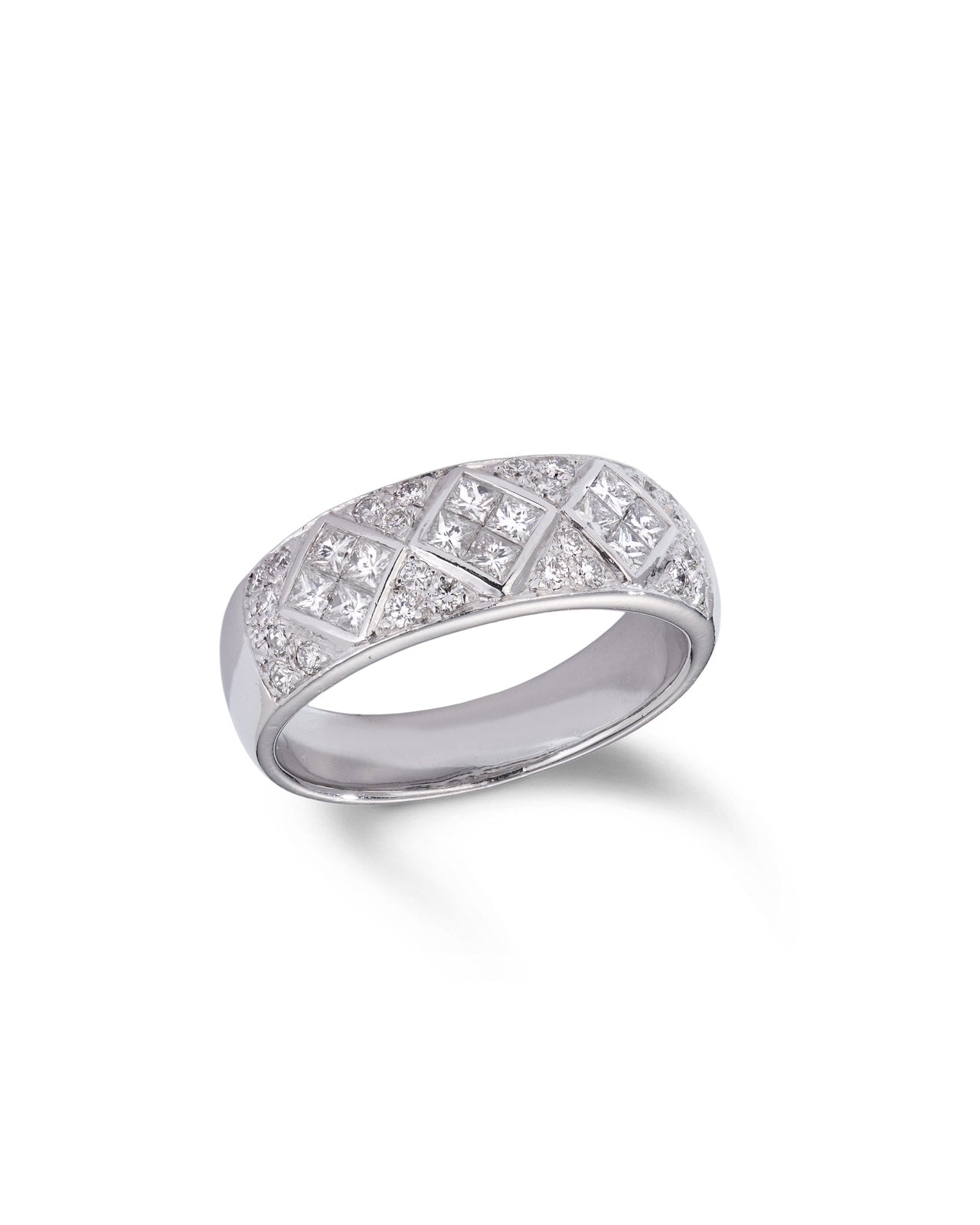A wide white gold band ring set with square and round diamonds