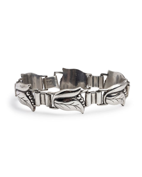 Vintage Georg Jensen USA sterling silver leaf bracelet, No. 145, by Alphonse La Paglia, showing hinged panel links and hallmark stamp