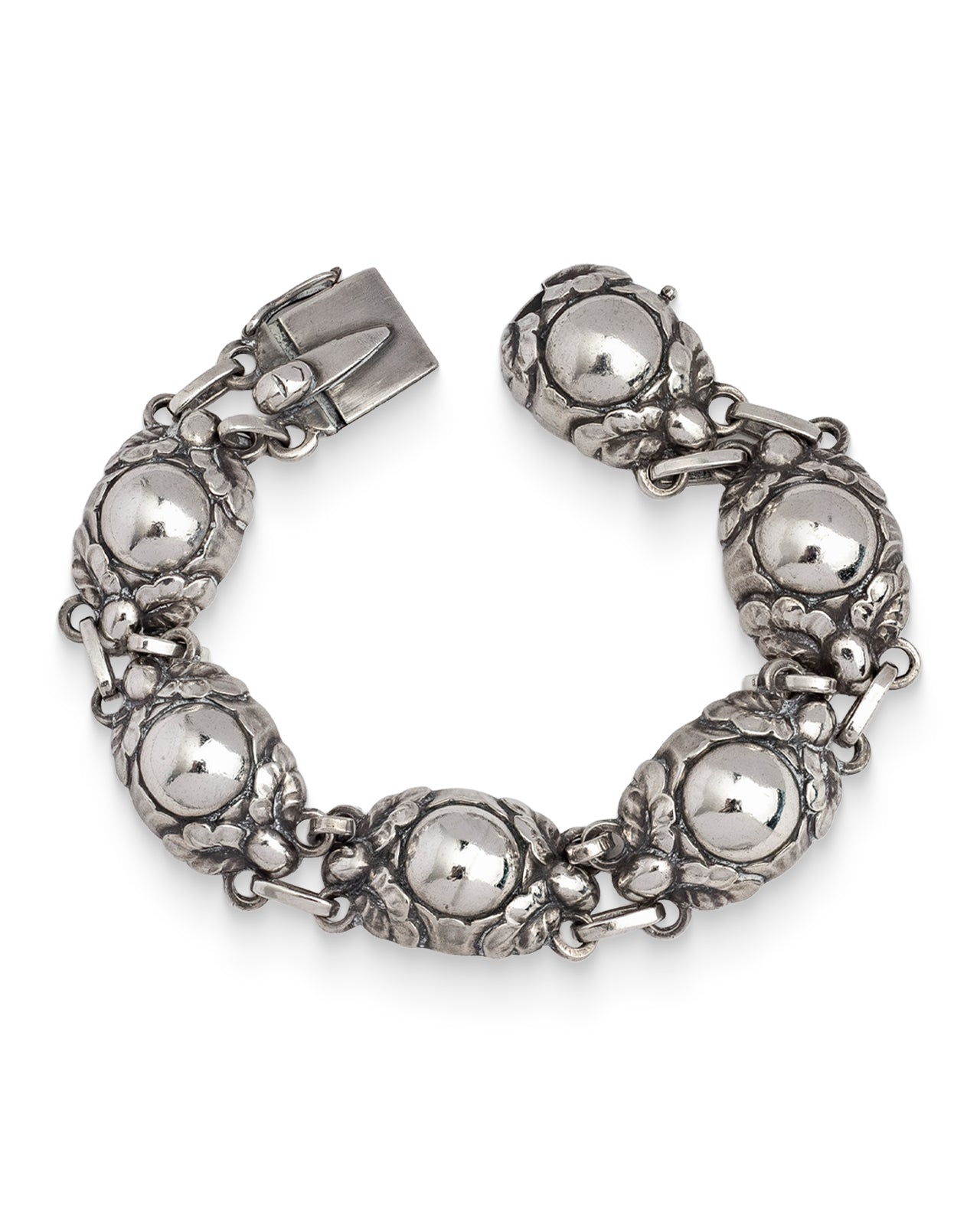 Authentic Georg Jensen sterling silver bracelet, No. 57A. Vintage 1930s Danish design, 925 silver, grape-cluster motif. 19cm, 31.8g. Excellent condition.