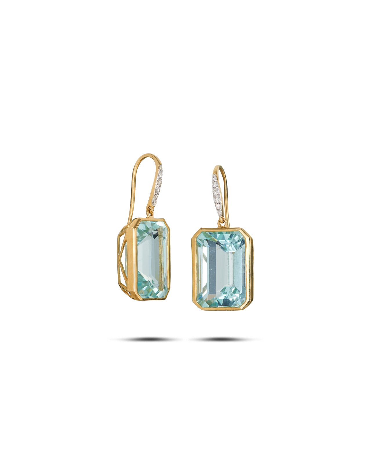 Modern Aquamarine & Diamond Earrings 14ct yellow gold. Aquamarines 27.92 carat total weight