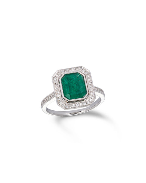 Modern Emerald & Diamond Cluster Ring, 18ct white gold