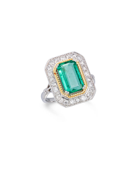 Modern Emerald & Diamond Cluster Ring, 18ct yellow and white gold