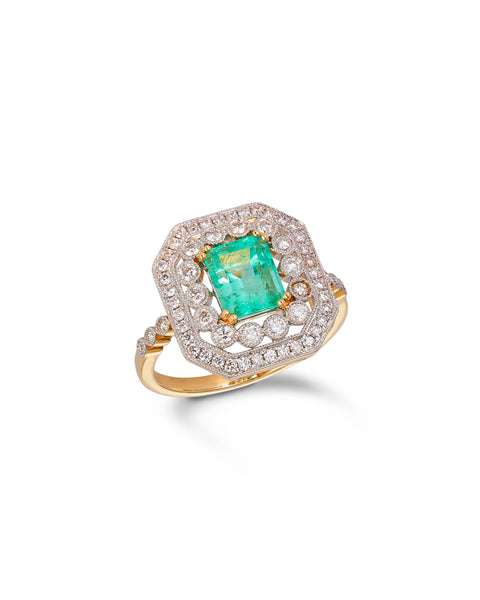 Edwardian Style Emerald & Diamond Cluster Ring 14ct  yellow and white gold