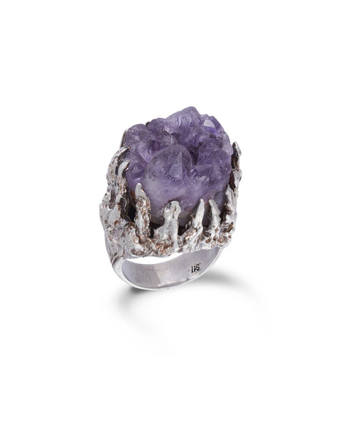 Mid-Century Silver & Amethyst Crystal Ring