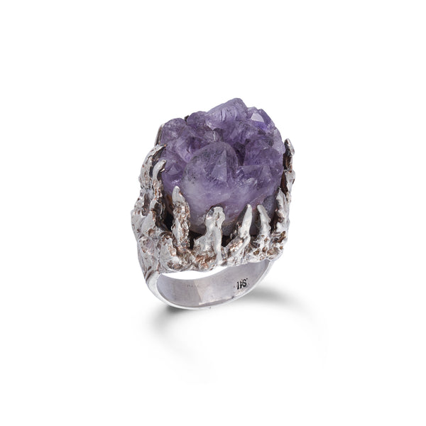 Mid-Century Silver & Amethyst Crystal Ring