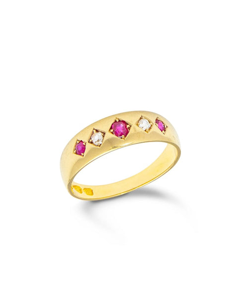 Antique Ruby & Diamond Gypsy Ring. A traditional late Victorian gypsy ring, flush set with three graduated rubies alternating with two old cut diamonds. 18ct yellow gold.