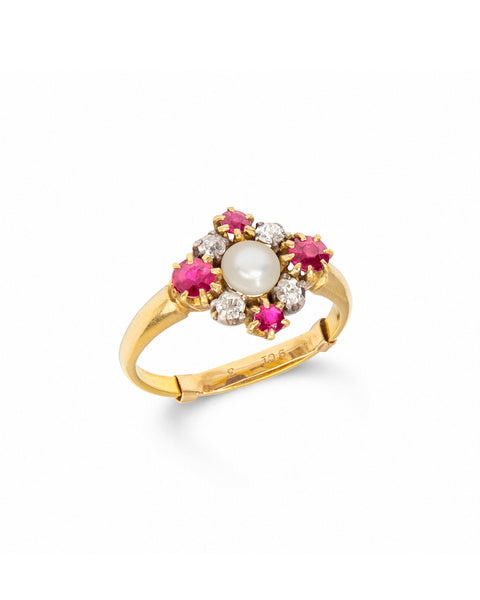 Antique Victorian Ruby, Pearl & Diamond Cluster Ring
