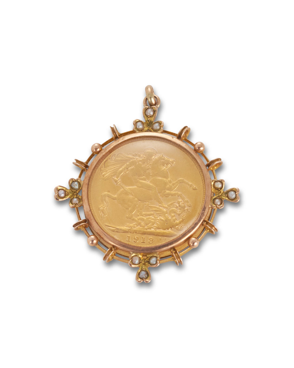 Antique 1918 Gold Sovereign and Seed Pearl Pendant