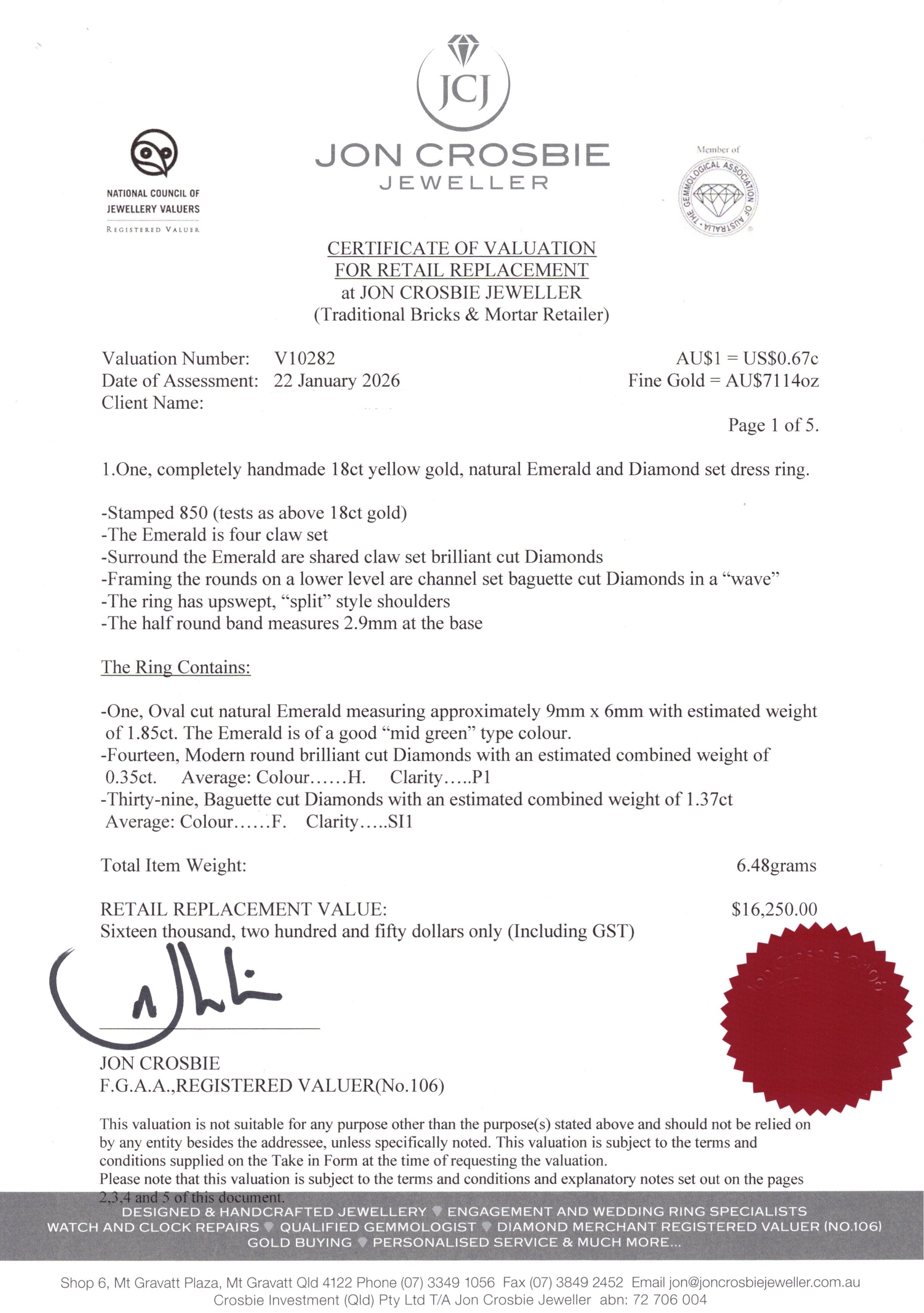 Certificate of Valuation for a diamond and emerald ring by Jon Crosbie Jeweller.