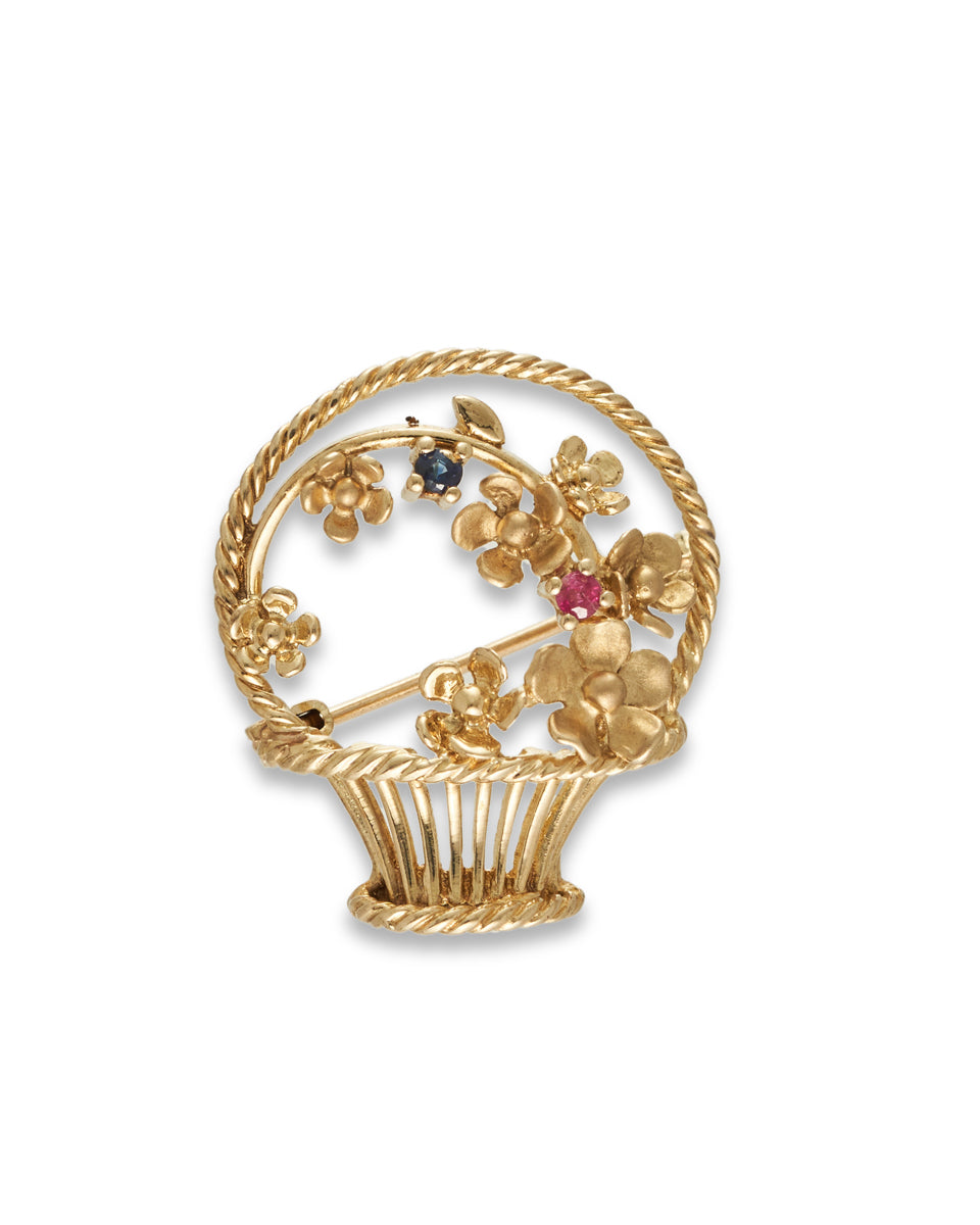 Vintage Gold, Ruby & sapphire Flower Basket Brooch