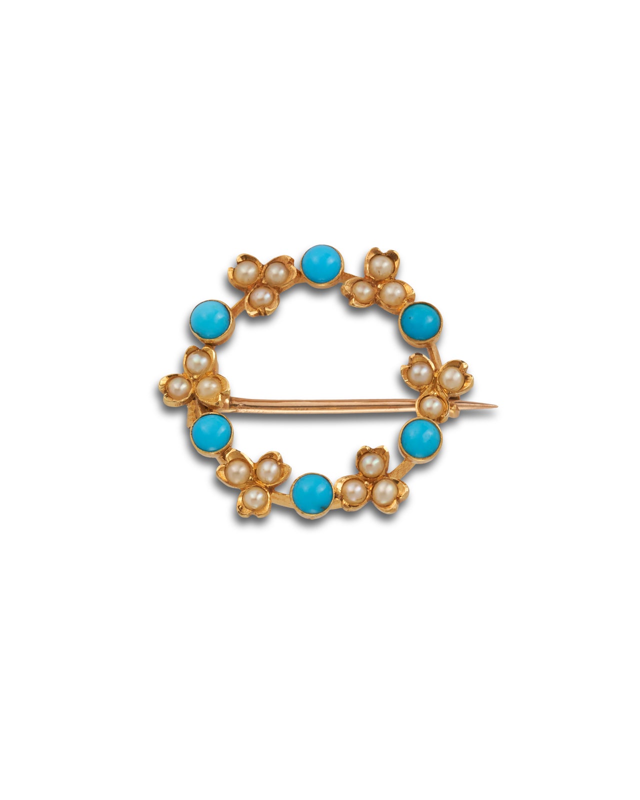 Antique Turquoise & Pearl Circlet Brooch, 1900 18ct yellow gold