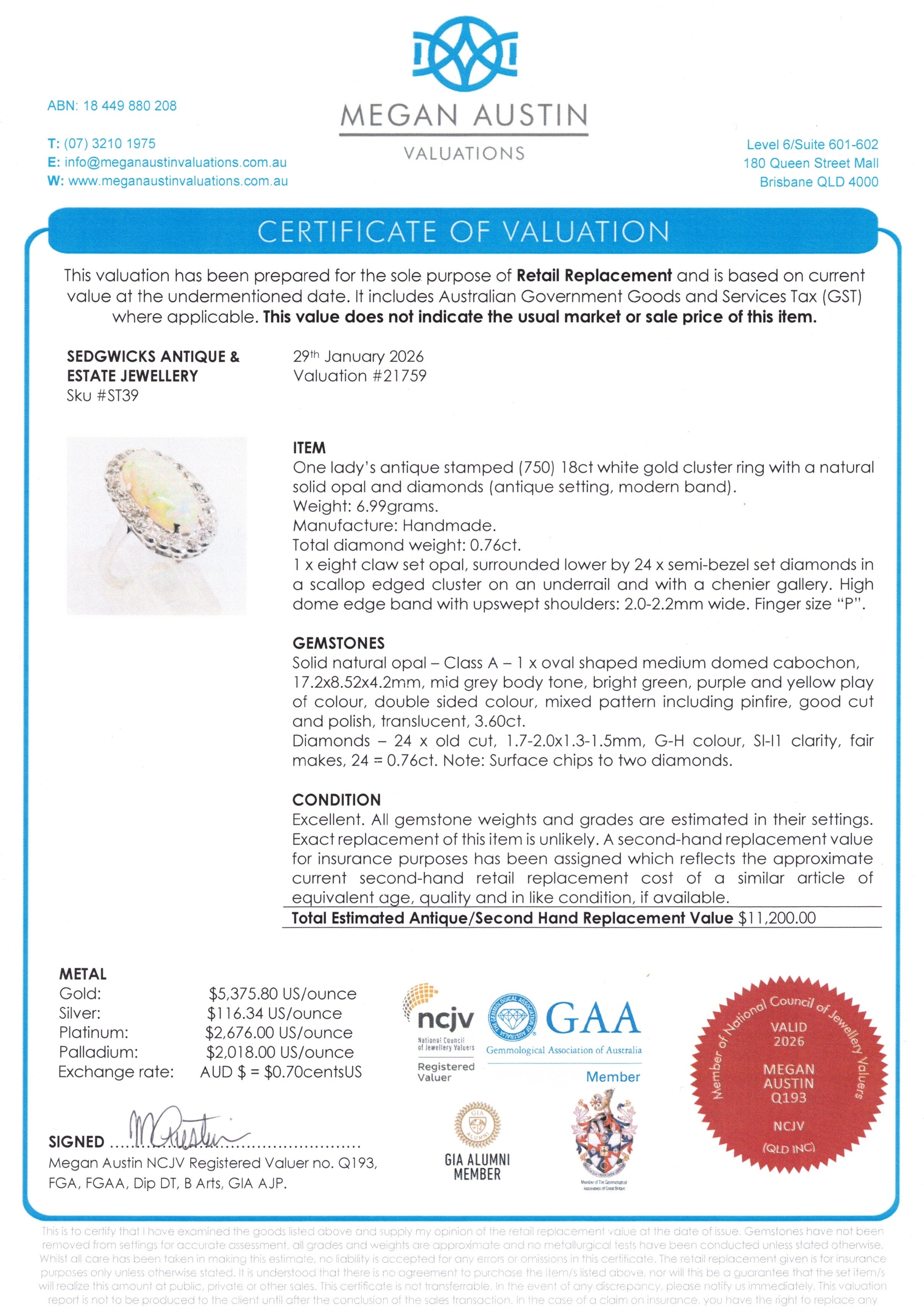 Certificate of valuation for jewelry with detailed information and logos on a white background