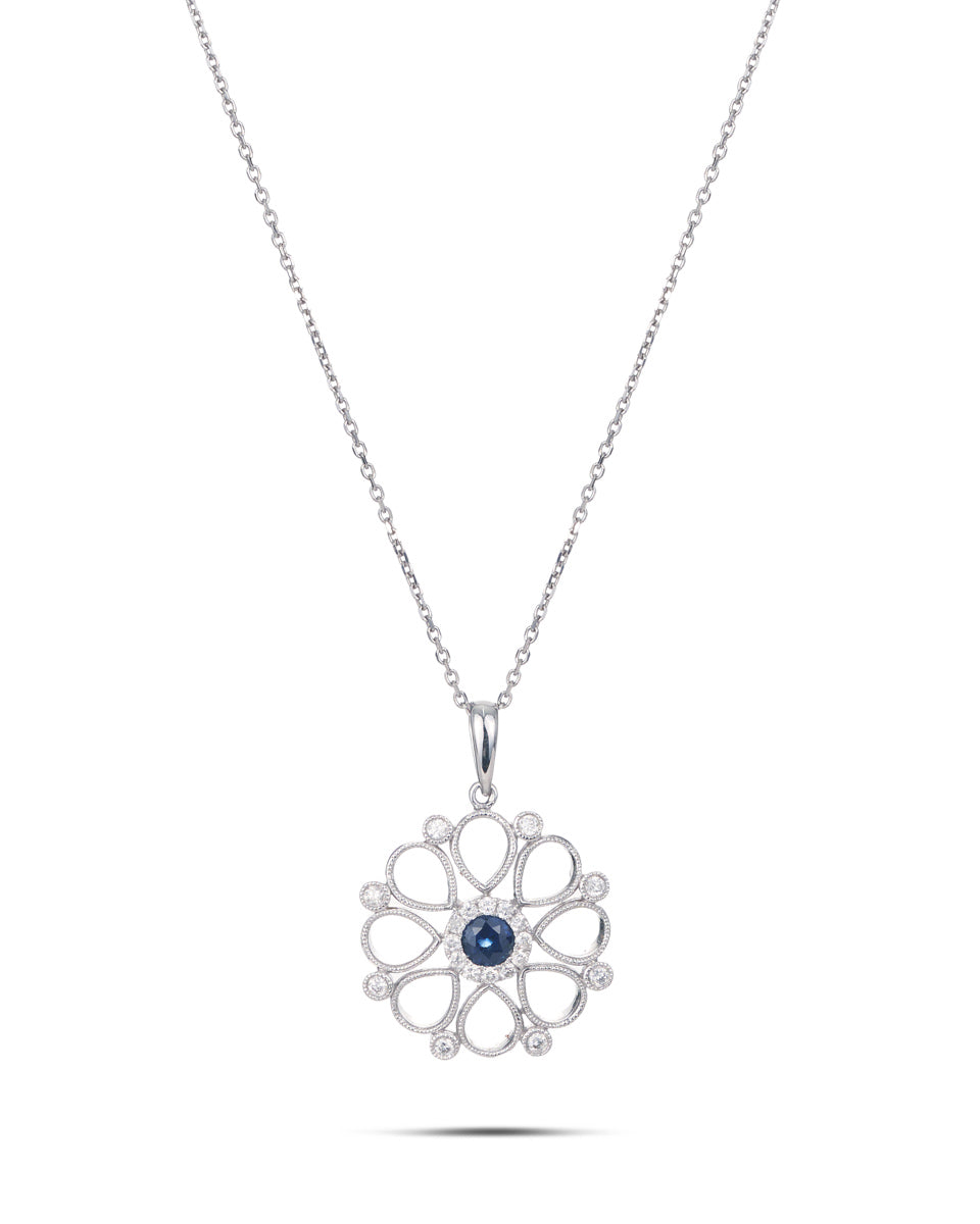 Modern Sapphire & Diamond Pendant on Chain. 14ct white gold