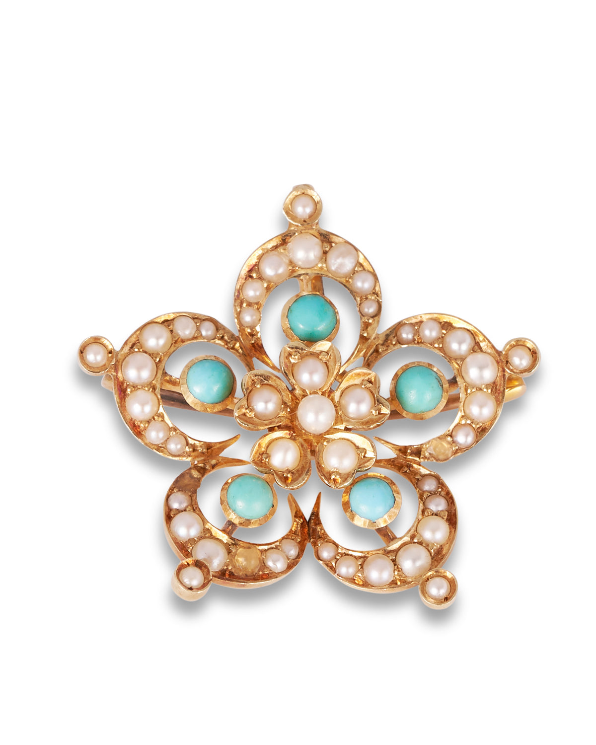 Antique Seed Pearl & Turquoise Flower Brooch
