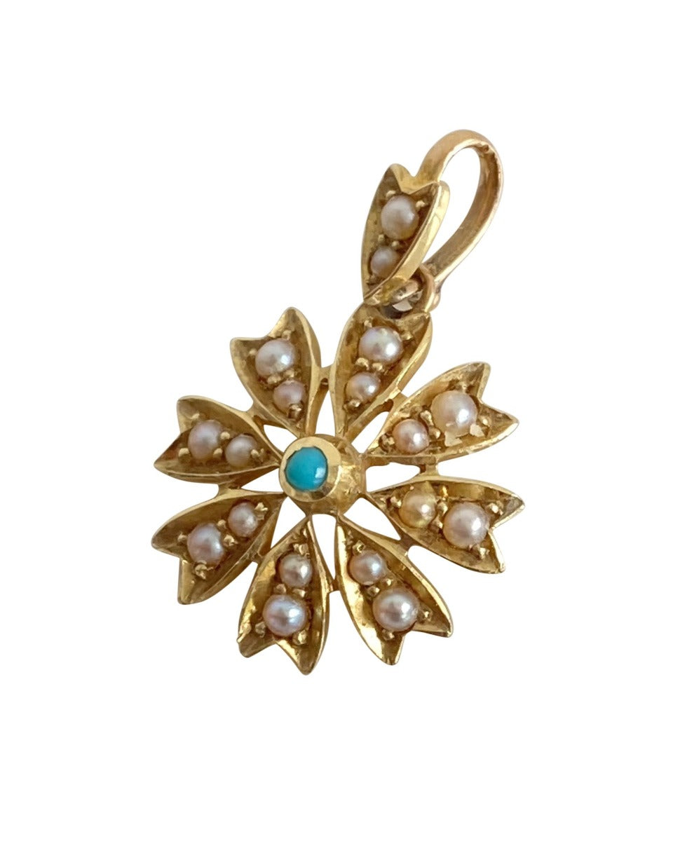 Edwardian Gold, Seed Pearl & Turquoise Pendant, 1900
