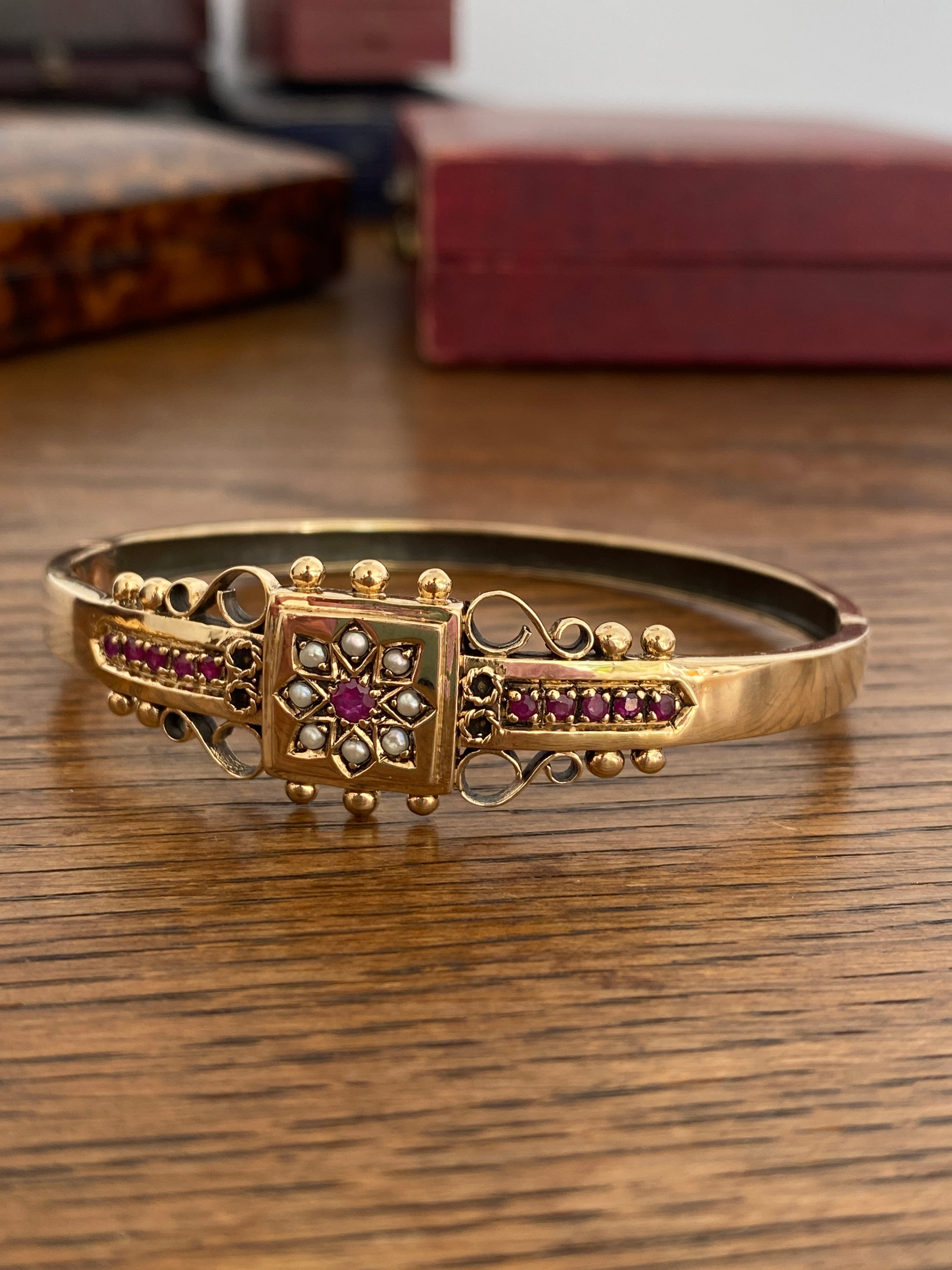 Victorian Style Ruby & Seed Pearl Bangle