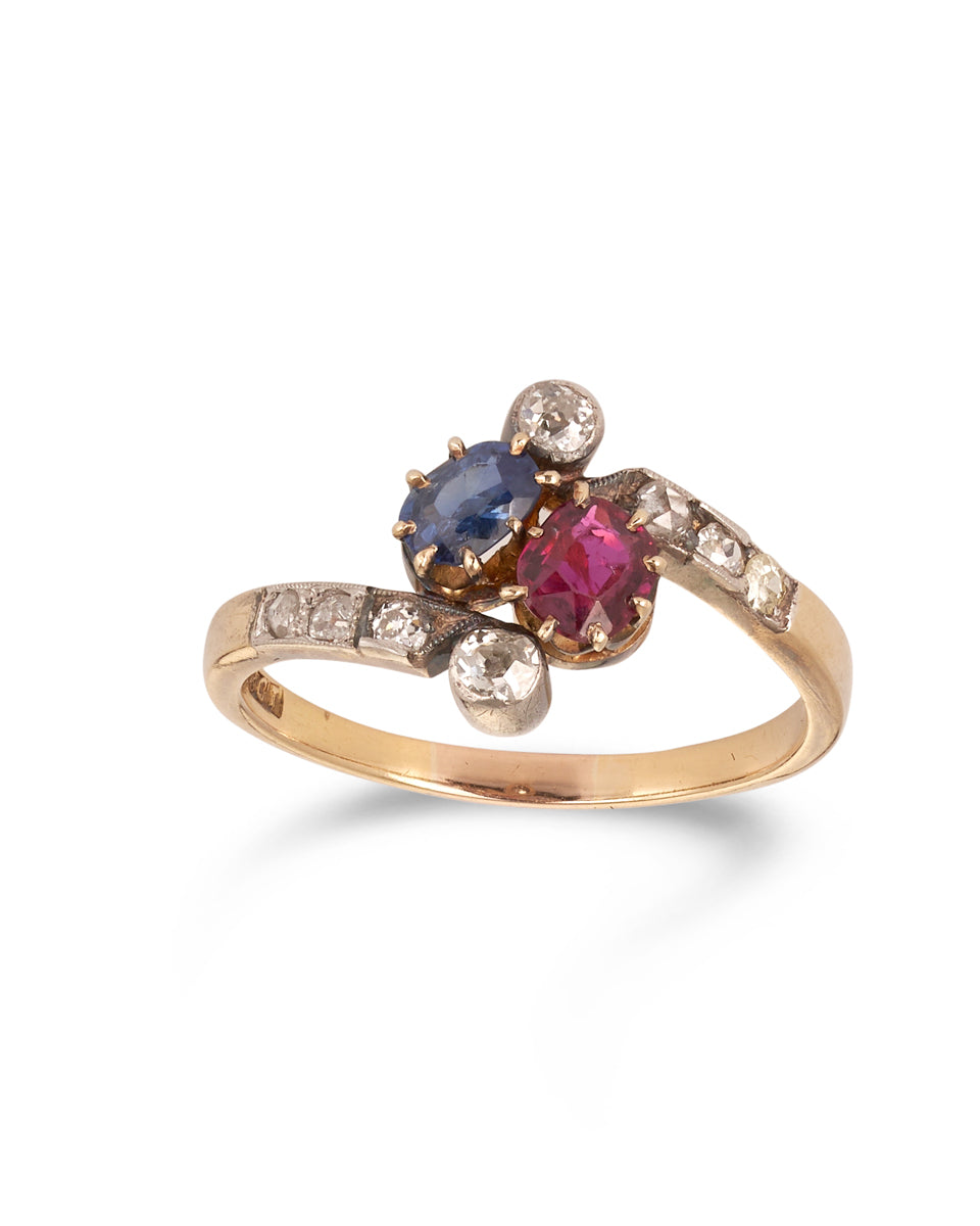 Antique Ruby, Sapphire & Diamond Crossover Ring